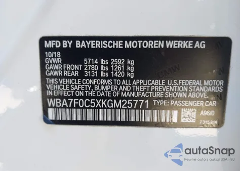 2019 BMW 750I z USA, uszkodzony, nr VIN WBA7F0C5XKGM25771